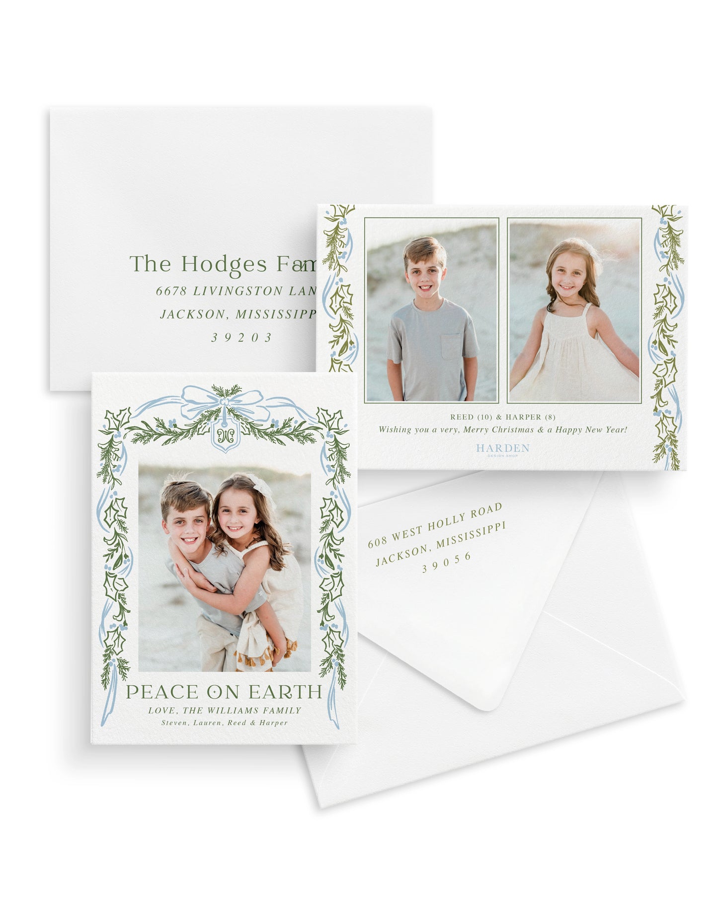 Personalized Christmas card with family photos and text on a white background