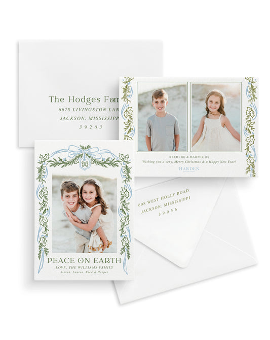 Personalized Christmas card with family photos and text on a white background